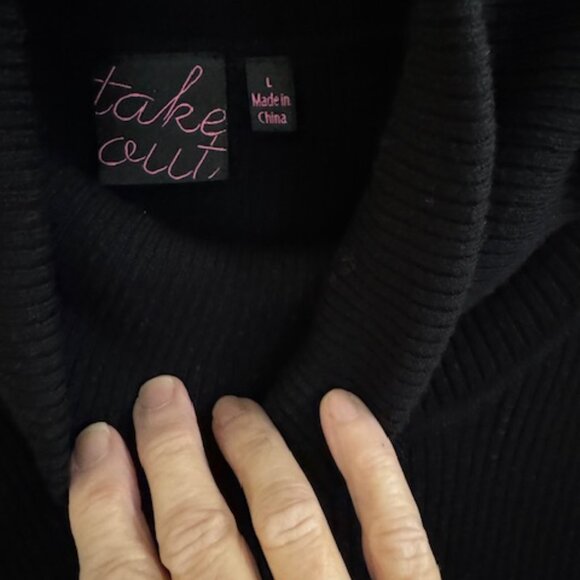 "Takeout" Chic Black Cowl Neck Mini Sweater Dress w Ruched Puff Sleeves Jr Large - Picture 3 of 6